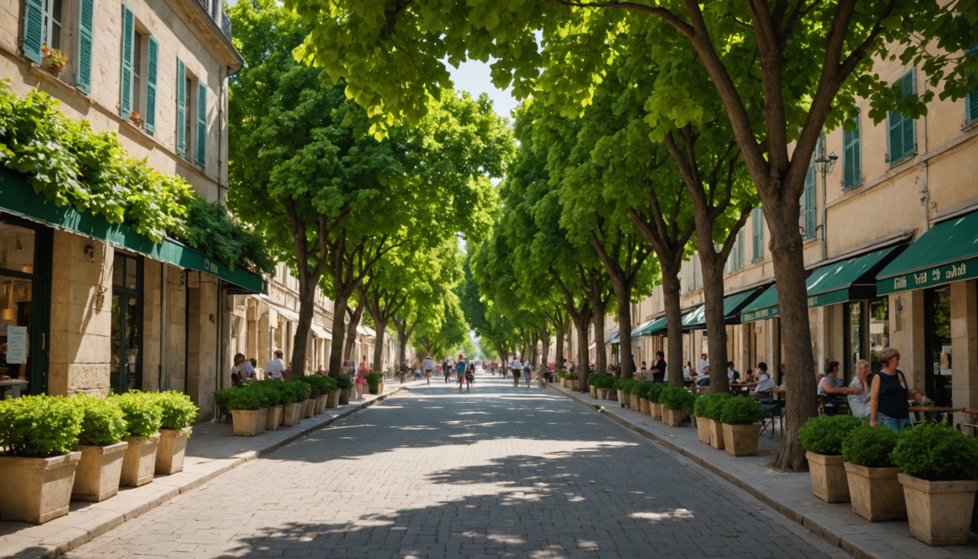 Rue arborée et ombragée d'une ville française pour lutter contre la canicule