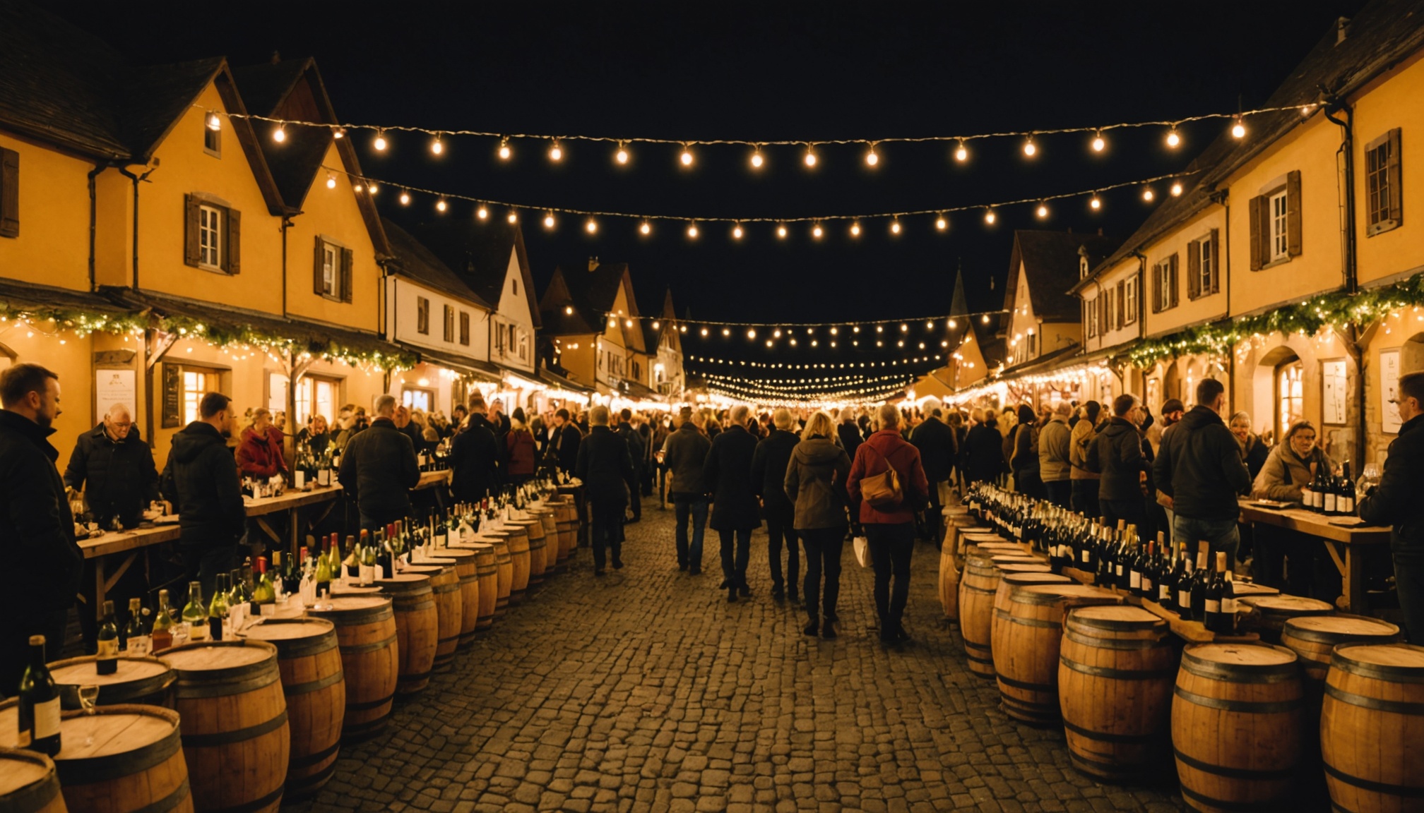 Stands de vins et guirlandes lumineuses lors d'une foire viticole alsacienne en soirée