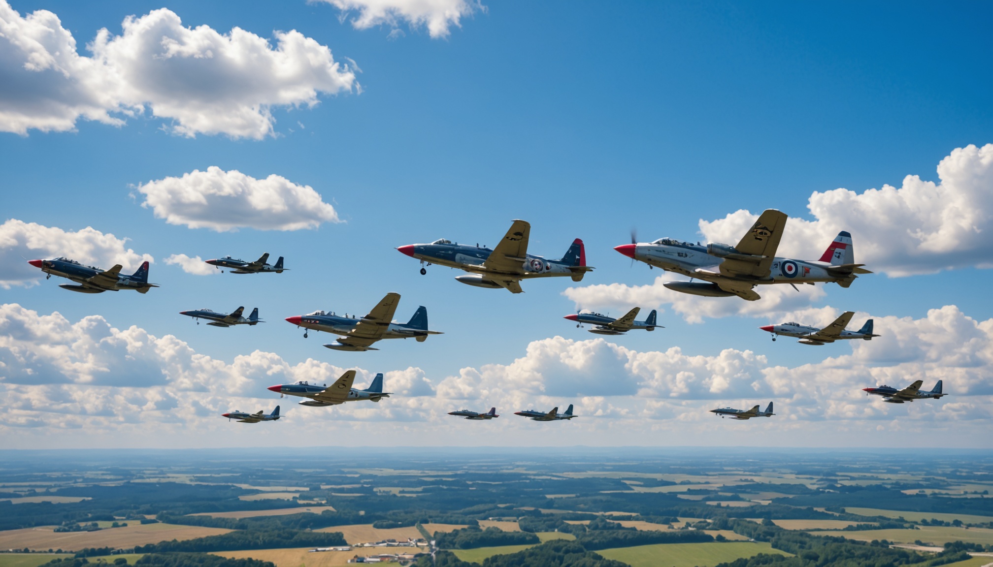 Avions de chasse et avions historiques en formation lors d'un meeting aérien
