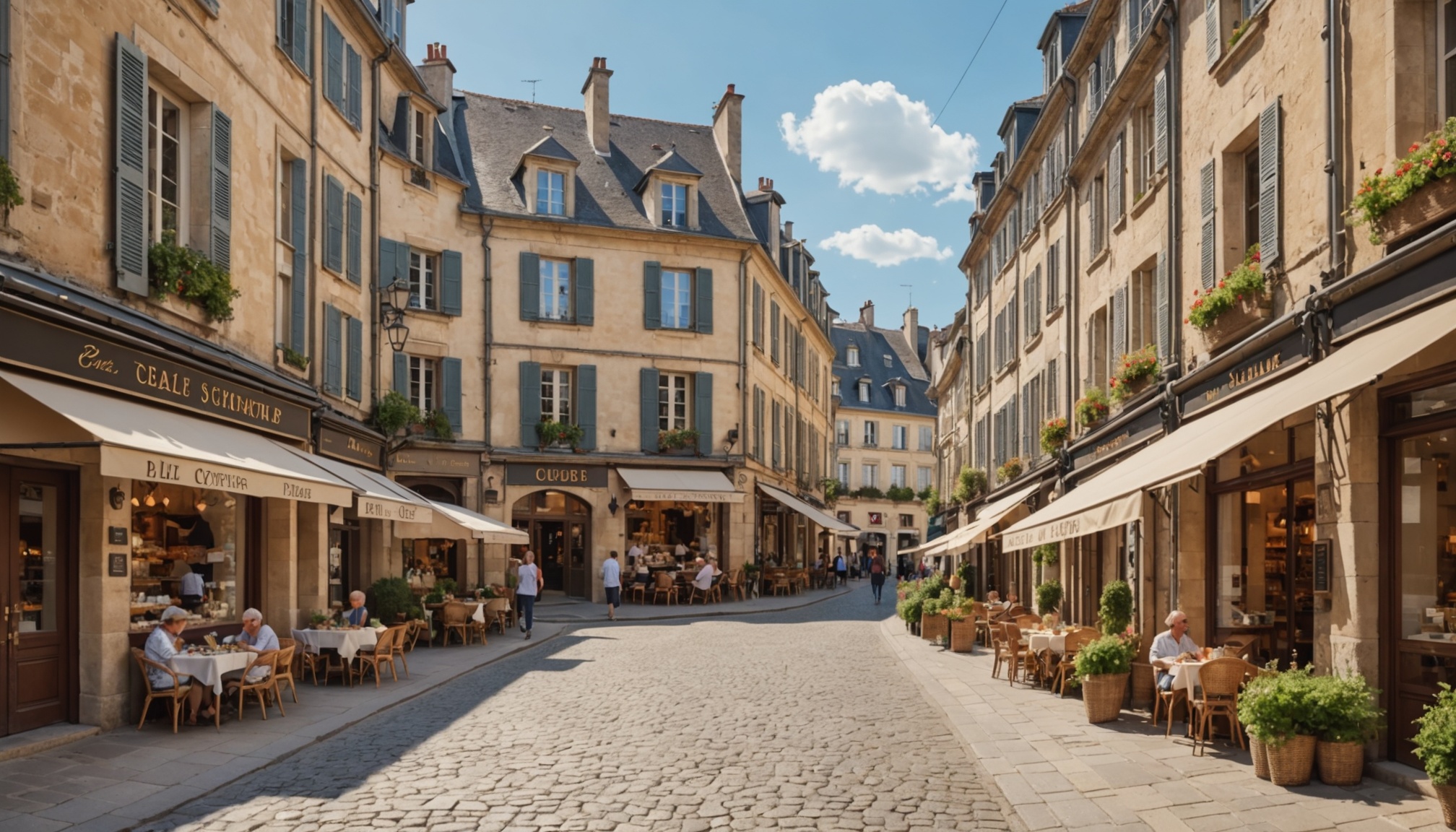 Rue commerçante d'un centre-ville français avec commerces de proximité