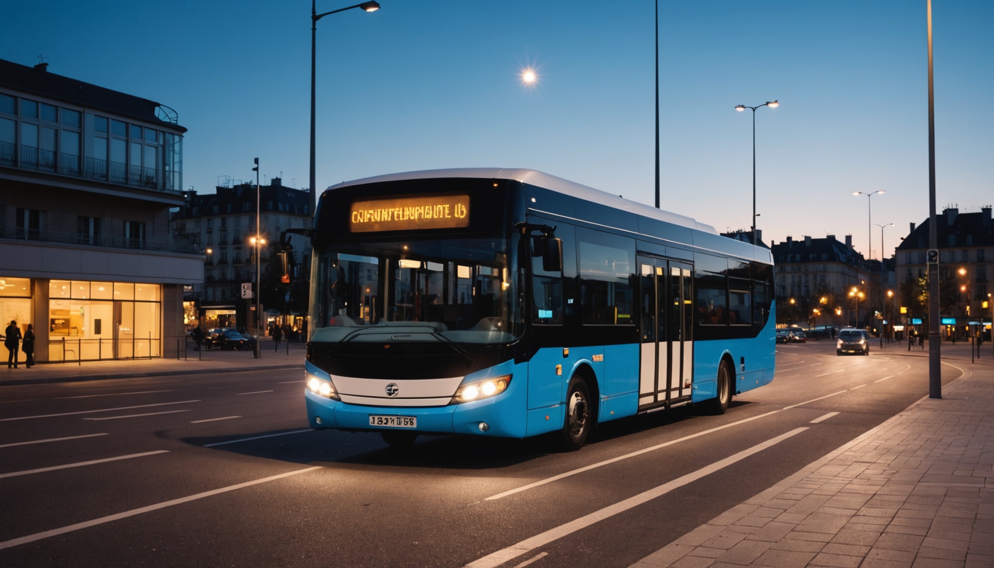 Bus urbain à un arrêt illuminé en soirée, illustration du réseau de transport Twisto à Caen