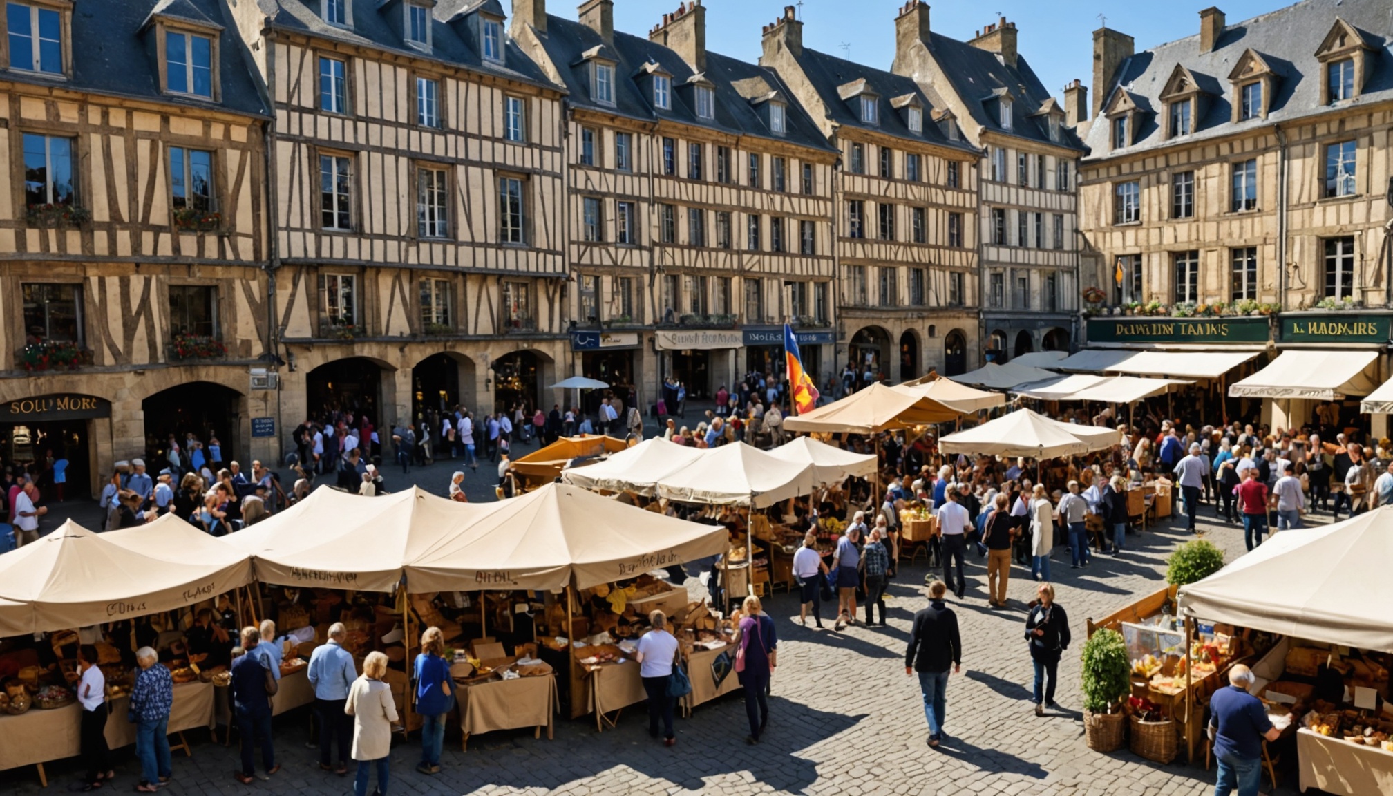 Stands de braderie dans une rue du centre-ville du Mans en Sarthe