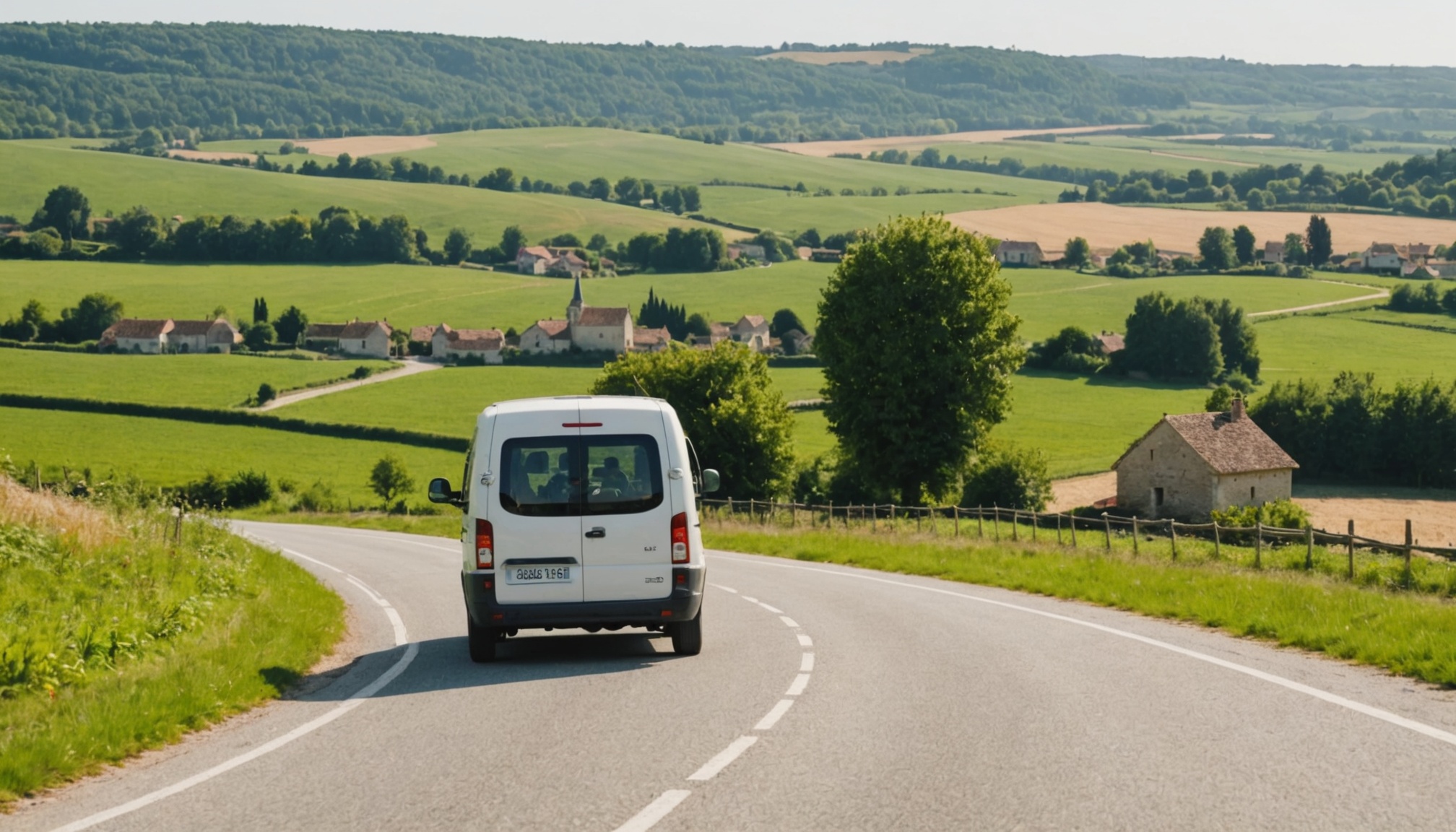 Minibus de transport a la demande circulant sur une route de campagne dans le Loiret