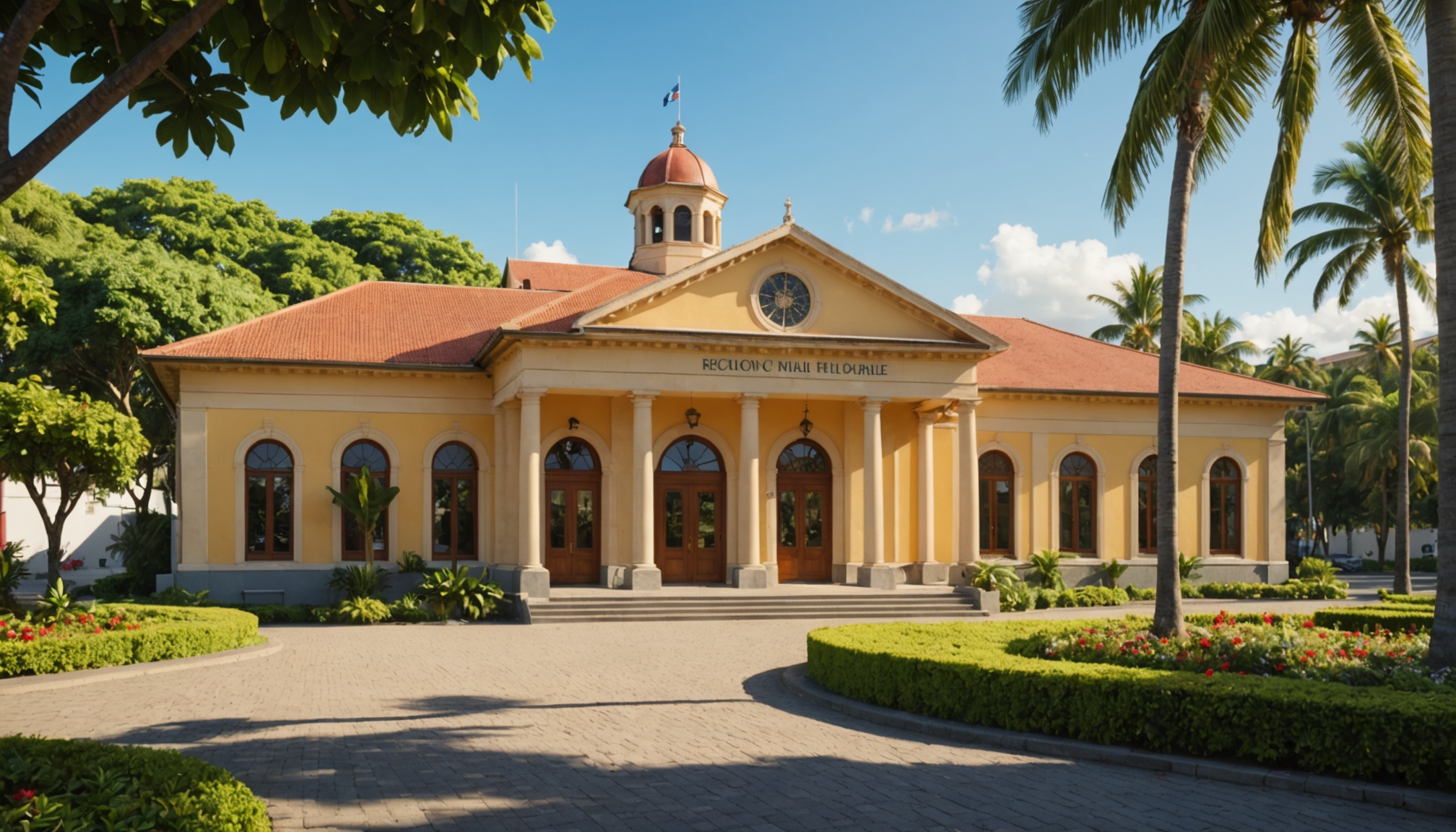 Mairie et espace municipal dans un cadre tropical, illustration démocratie locale