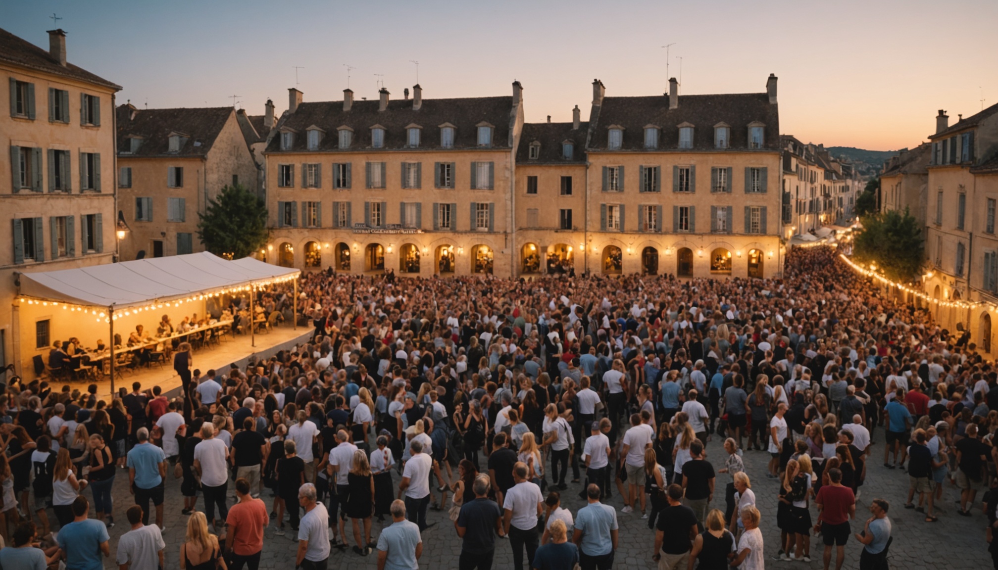 Foule assistant à un concert en plein air lors d'un festival estival en centre-ville