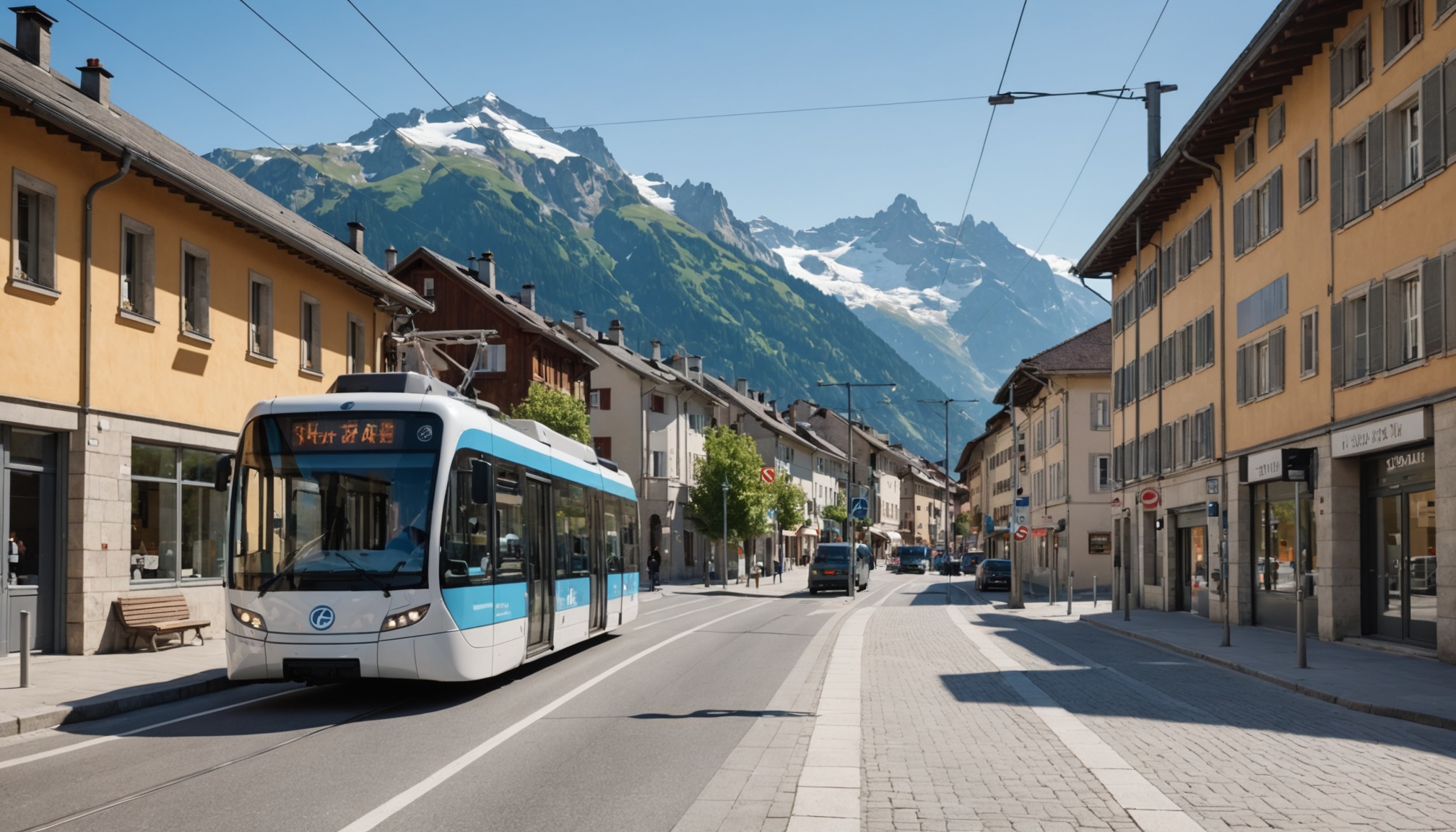 Tramway et bus dans une ville alpine transfrontalière, illustration du nouveau réseau de transport d'Annemasse