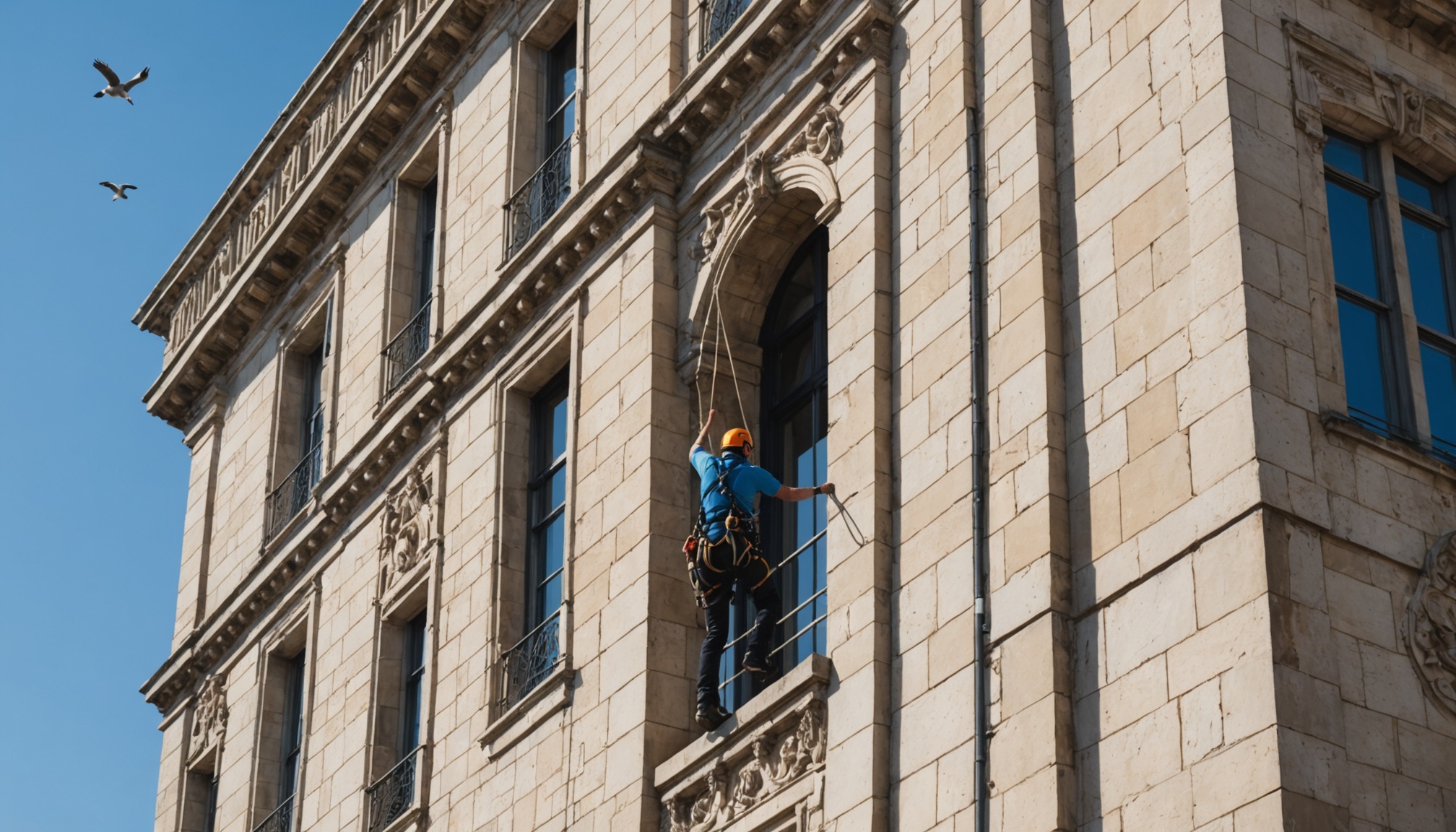 Descente en rappel sur la façade de la tour de l'Hôtel de Ville du Havre