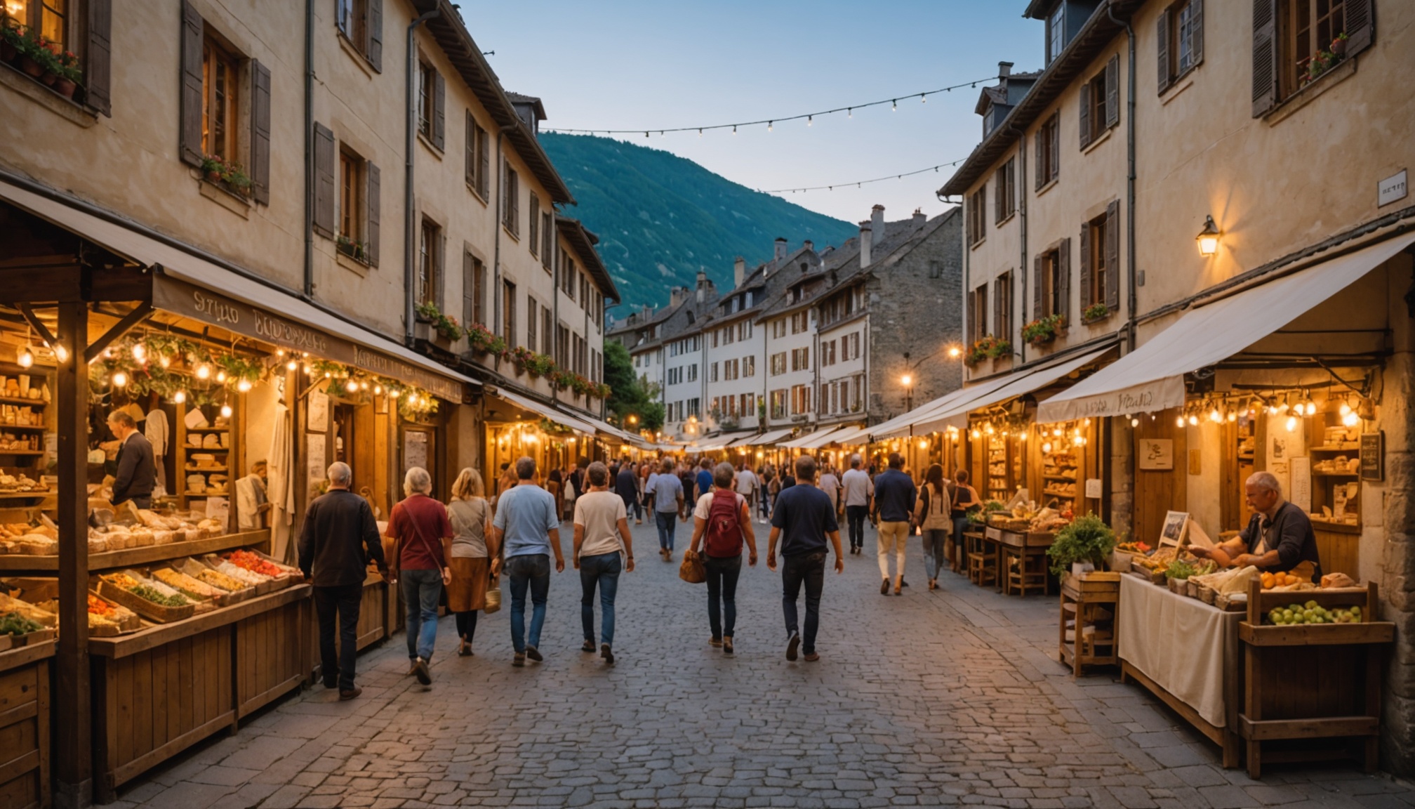 Rue piétonne illuminée avec stands d'artisans lors d'un marché nocturne à Bagnères-de-Bigorre