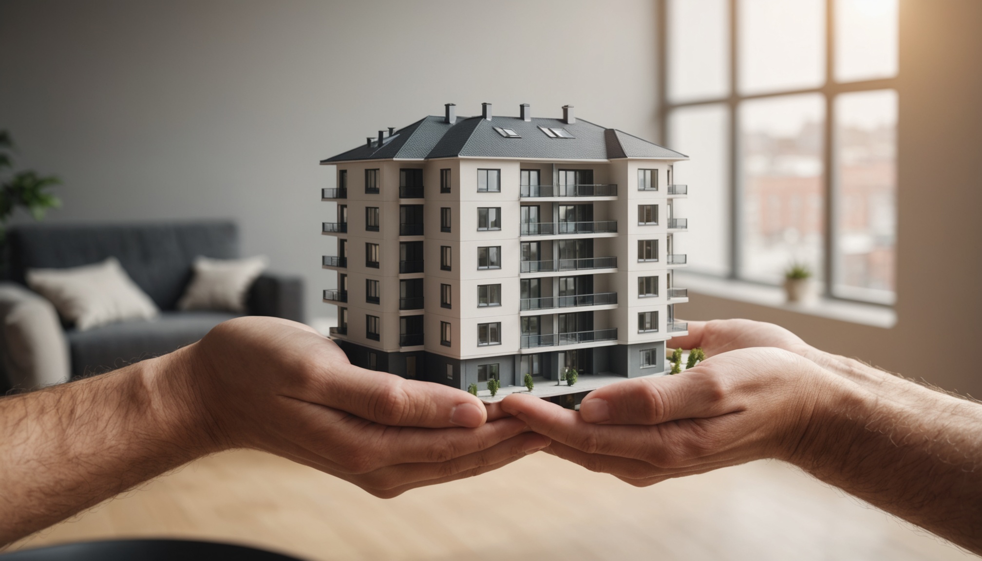 Maquette d'immeuble tenue dans des mains, symbole de l'investissement immobilier partagé en SCPI