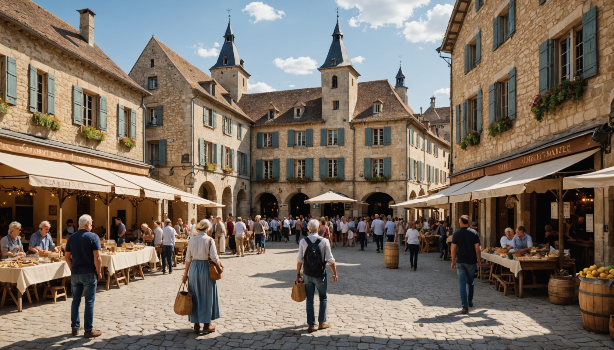 Place centrale animée de Villefranche-de-Rouergue avec jeux en bois et commerces