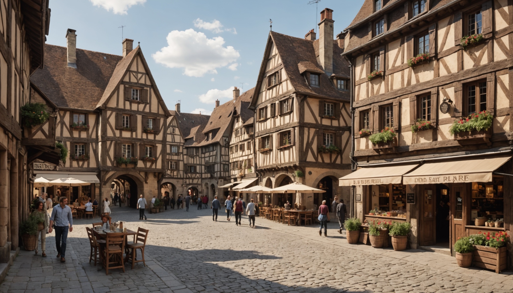 Rue piétonne avec maisons à colombages et commerces à Troyes