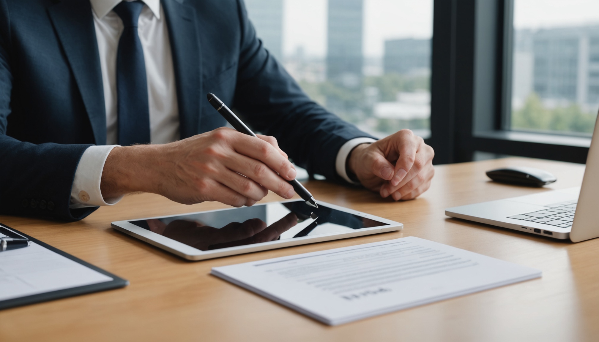 Professionnel signant un document par signature électronique sur tablette