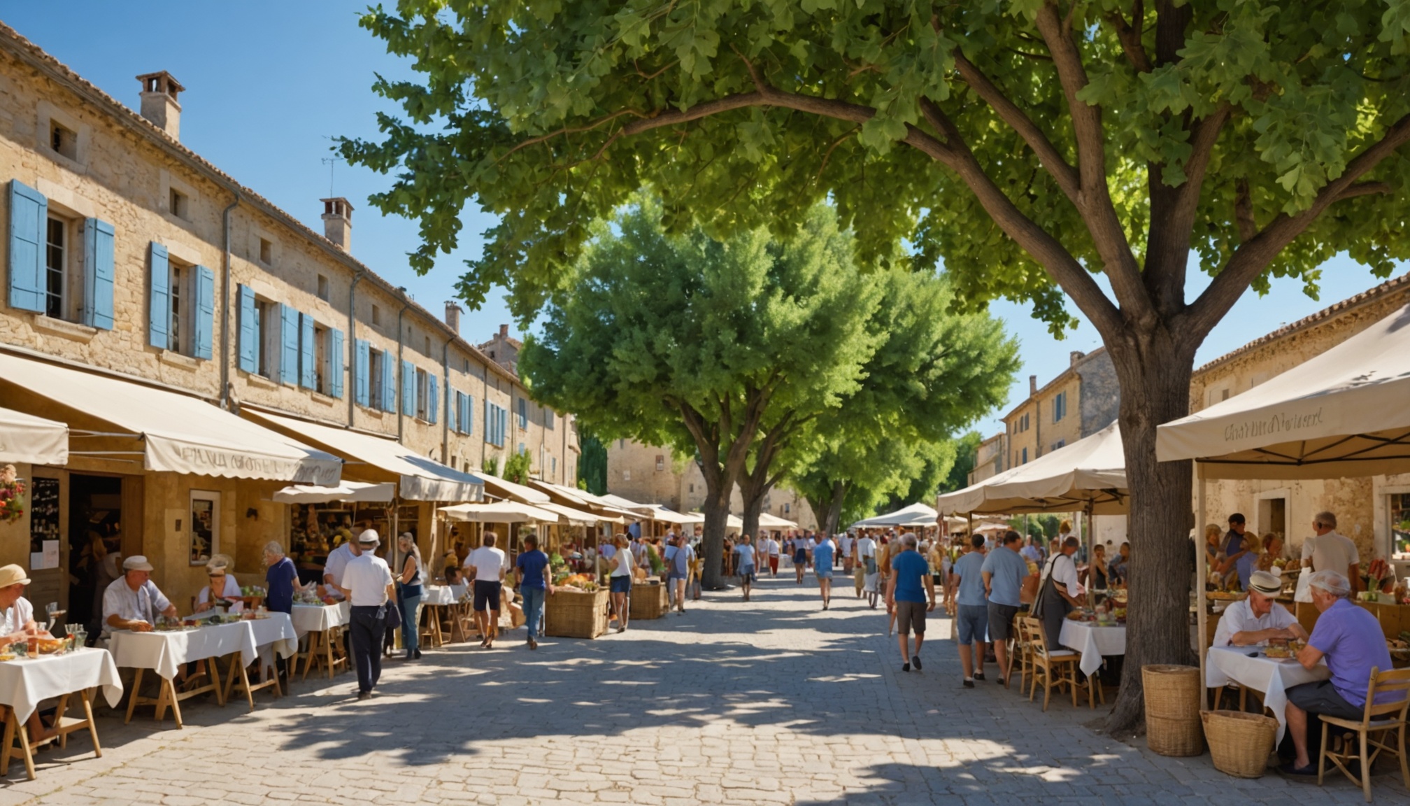 Stands d'associations locales dans une rue de village en Provence