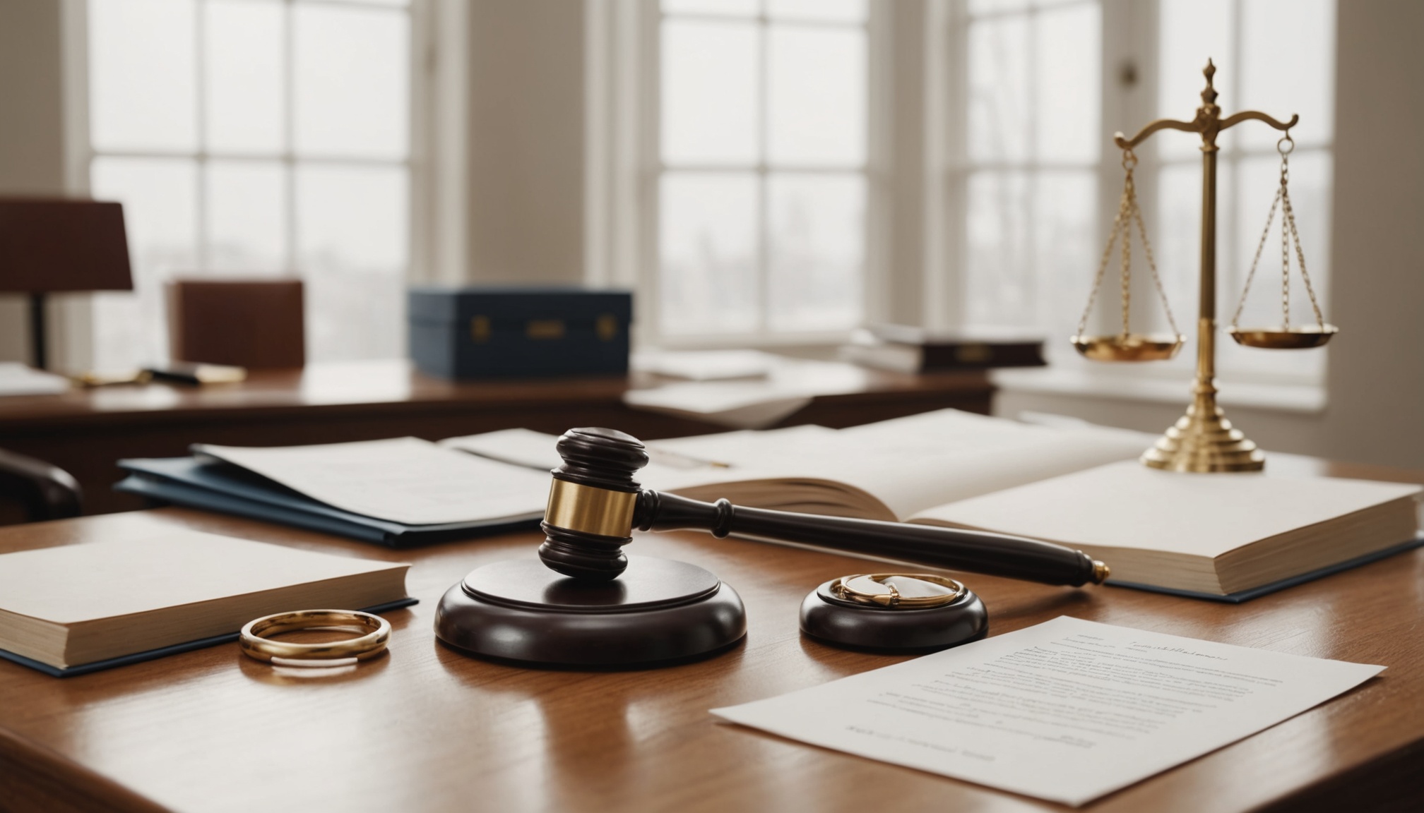 Bureau d'avocat avec documents de procédure de divorce et alliance posée sur la table