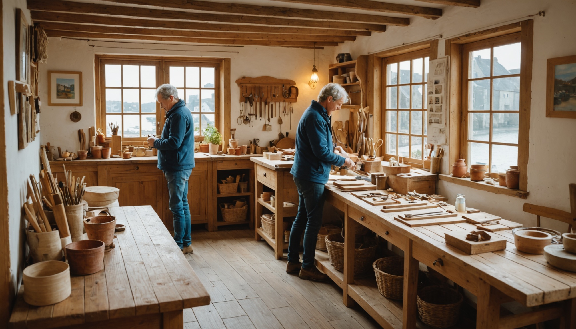 Illustration générée par IA d'un atelier artisanal accueillant des visiteurs