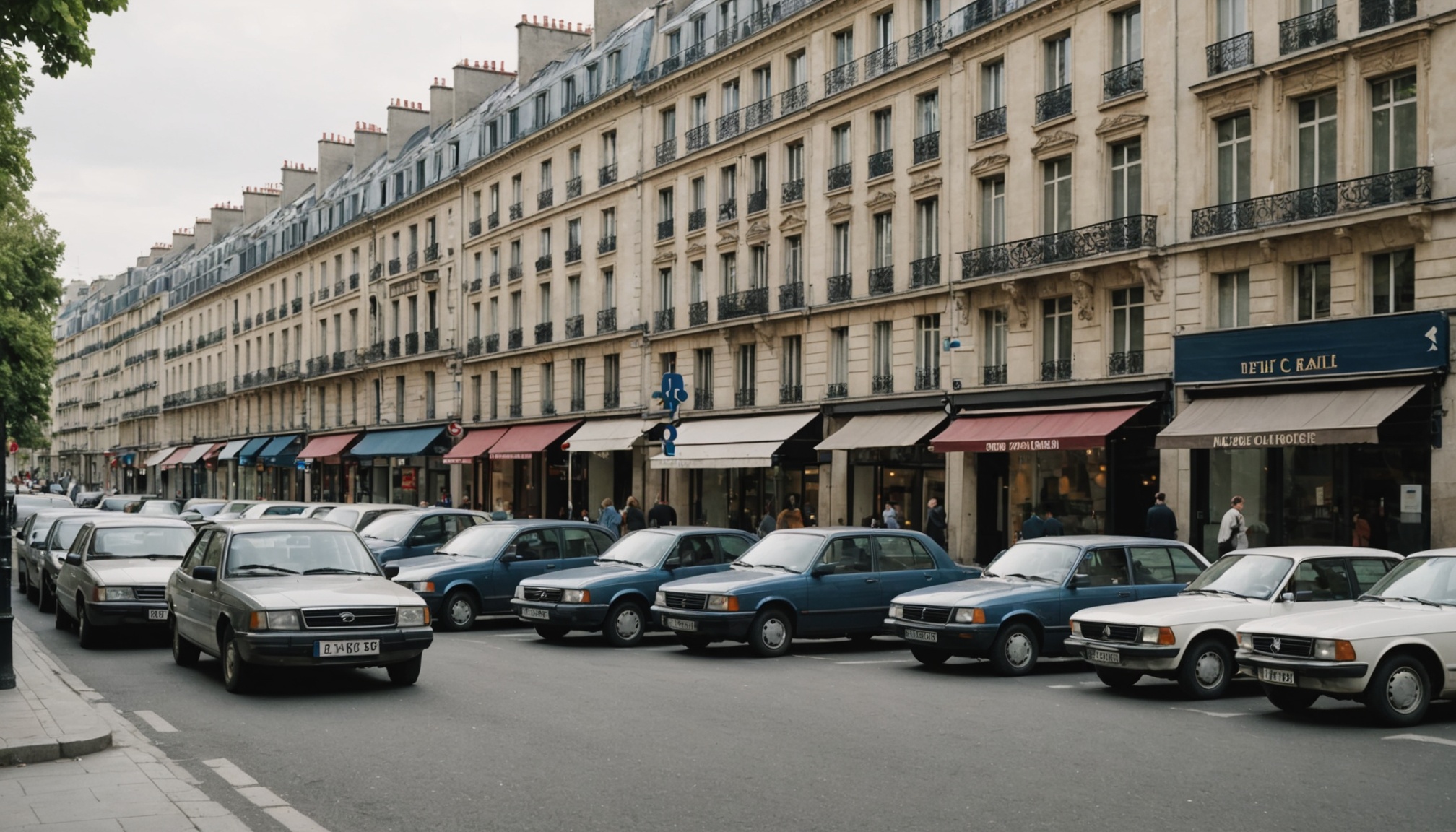 Rangée de voitures d'occasion garées dans une rue parisienne