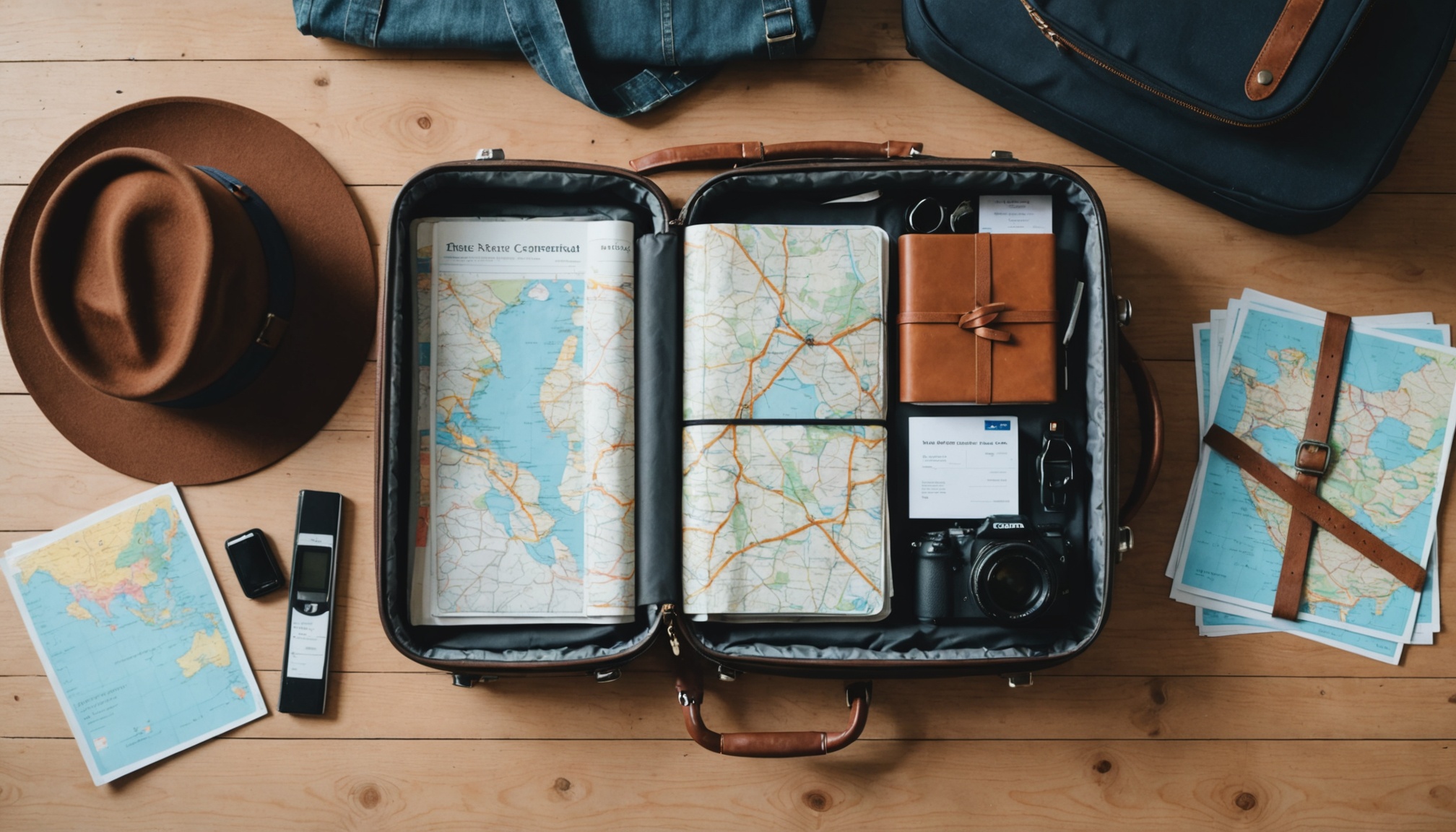 Illustration d'une valise de voyage préparée pour un week-end pas cher, avec billet de train et carte