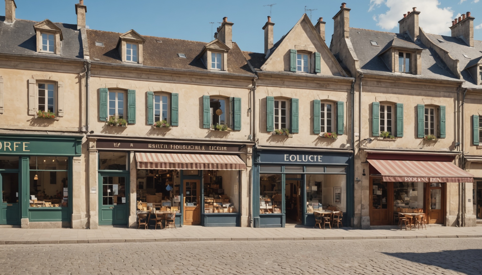 Rue commerçante d'une petite ville française avec boutiques ouvertes et vitrine vacante