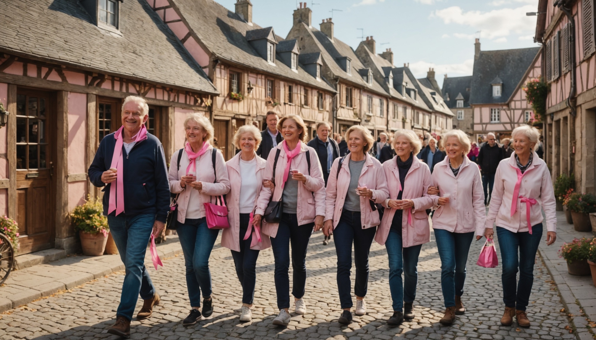 Habitants participant à une marche solidaire Octobre Rose dans une petite ville normande